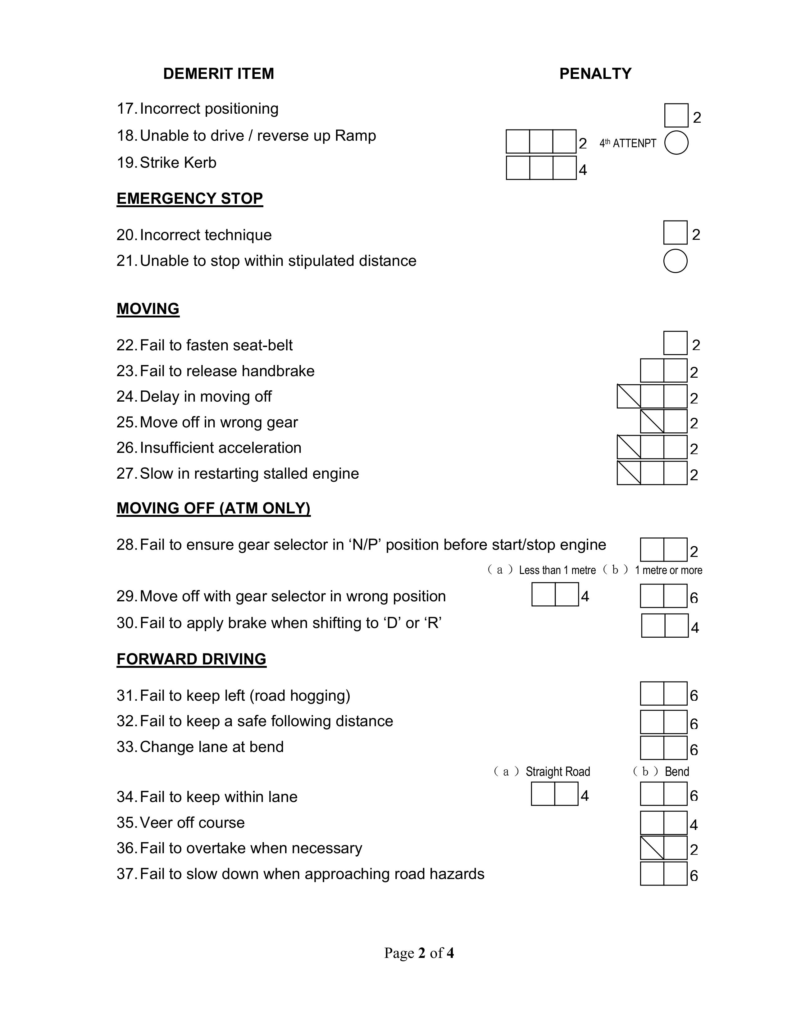 Page 2 of the CDC Class 3/3A Final Assessment Checklist โ ramp, emergency stop, moving off and forward driving items