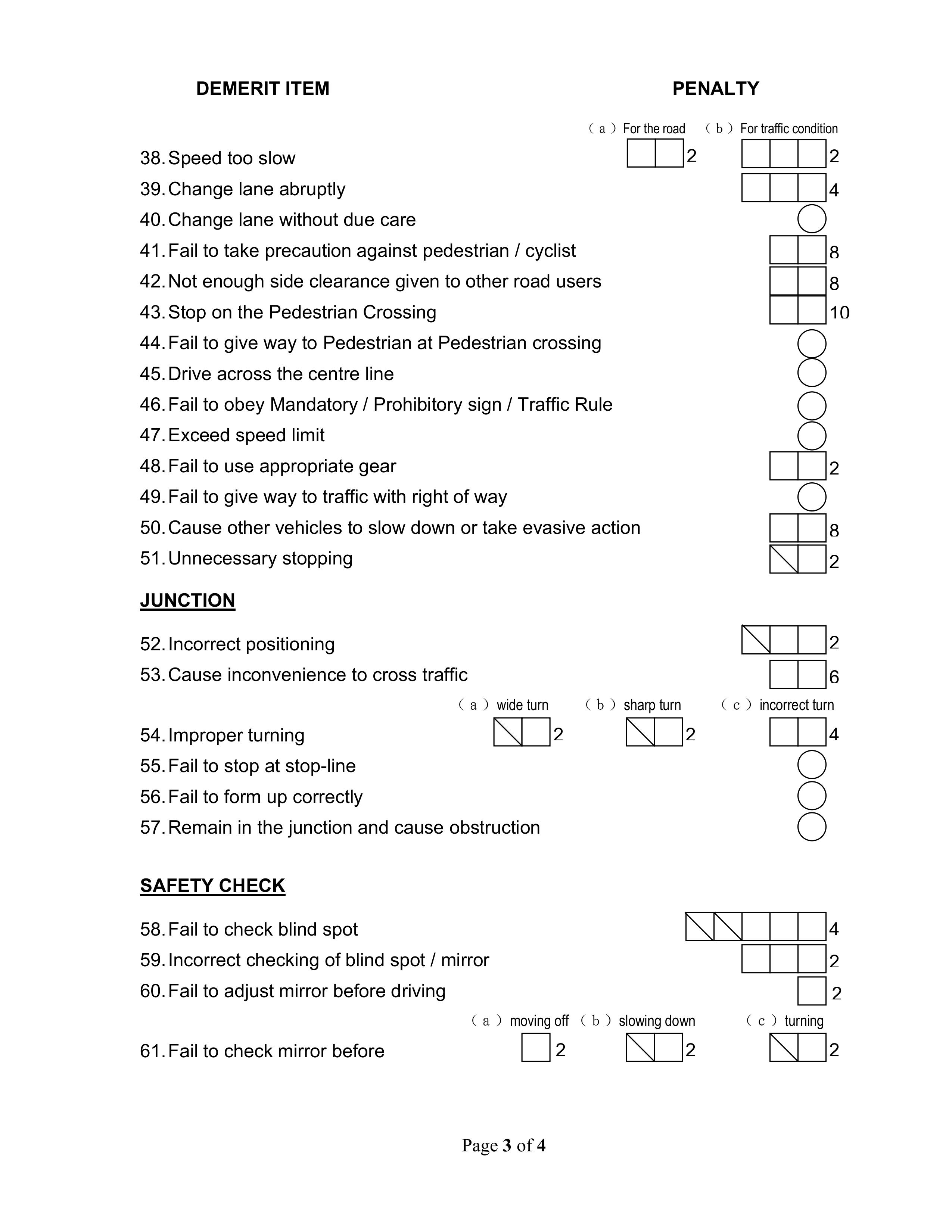 Page 3 of the CDC Class 3/3A Final Assessment Checklist โ road, junction and safety check items